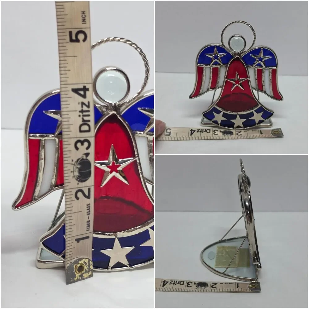 Vintage Stained Glass American Flag Angel Patriotic Tea Light Candle Holder
